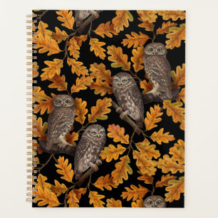 Autumn owls on black planner