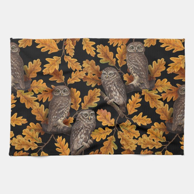 Autumn owls on black tea towel (Horizontal)