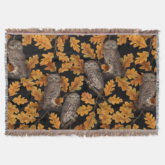 Autumn owls on black throw blanket (Front)
