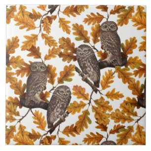 Autumn owls on cotton white ceramic tile