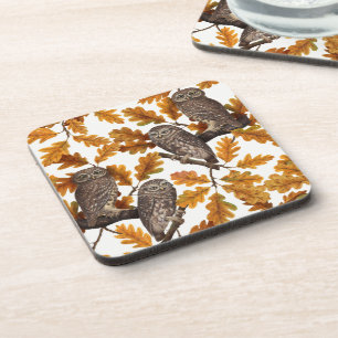Autumn owls on cotton white coaster