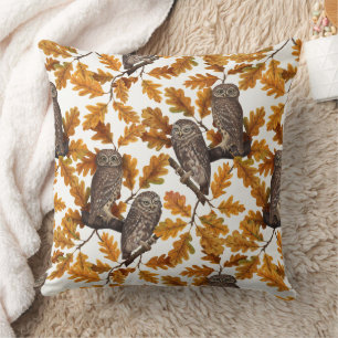 Autumn owls on cotton white cushion