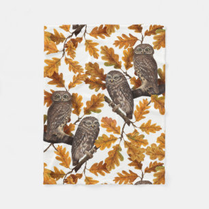 Autumn owls on cotton white fleece blanket