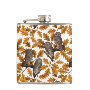 Autumn owls on cotton white hip flask
