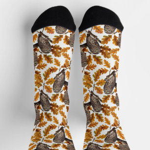 Autumn owls on cotton white socks