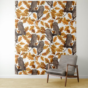 Autumn owls on cotton white tapestry