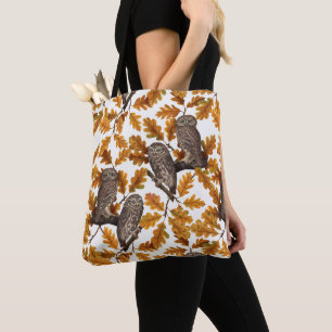Autumn owls on cotton white tote bag