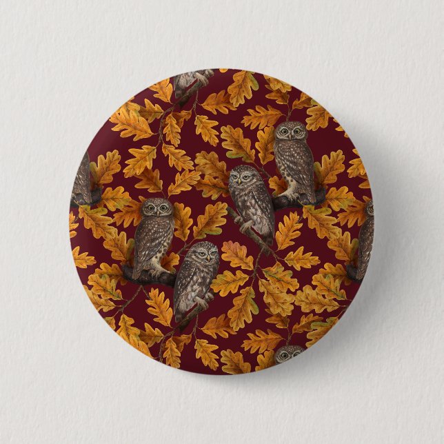 Autumn owls on dark red 6 cm round badge (Front)