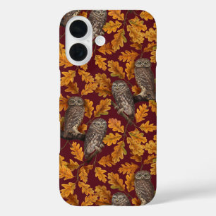 Autumn owls on dark red iPhone 16 case