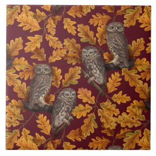 Autumn owls on dark red ceramic tile