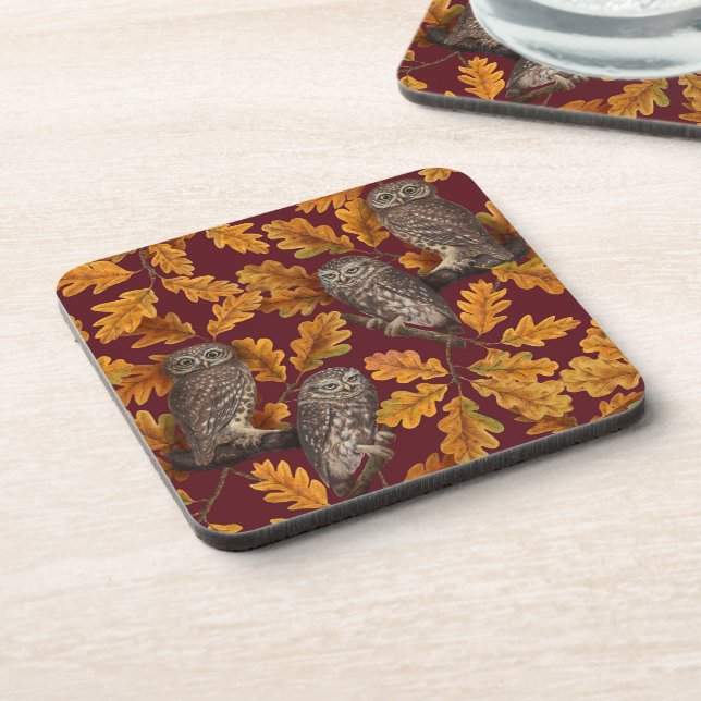 Autumn owls on dark red coaster (Left Side)