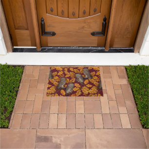 Autumn owls on dark red doormat