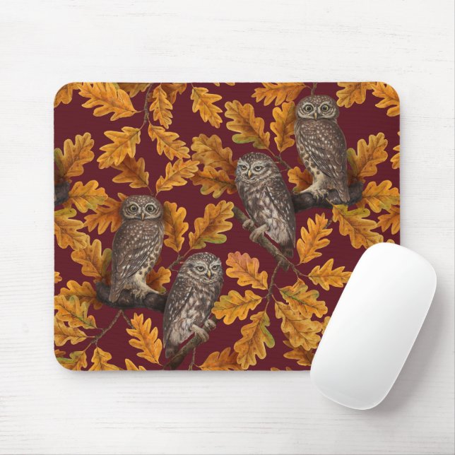 Autumn owls on dark red mouse pad (With Mouse)