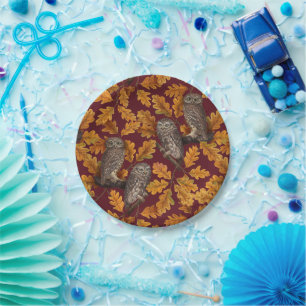 Autumn owls on dark red paper plate