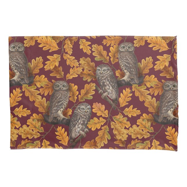 Autumn owls on dark red pillowcase (Front-Left)