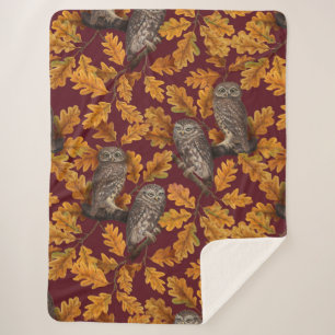 Autumn owls on dark red sherpa blanket
