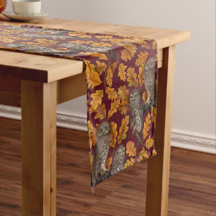 Autumn owls on dark red short table runner