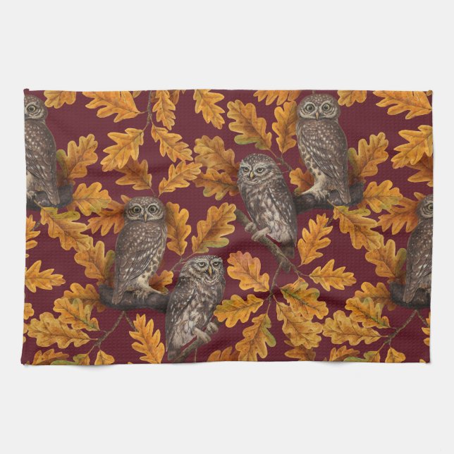 Autumn owls on dark red tea towel (Horizontal)