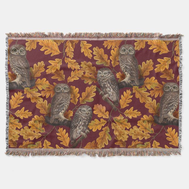 Autumn owls on dark red throw blanket (Front)