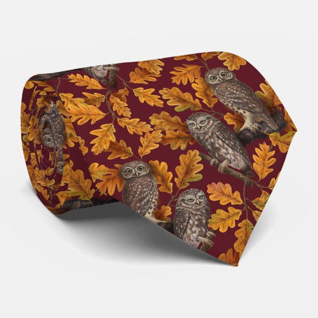 Autumn owls on dark red tie (Rolled)