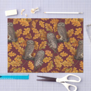 Autumn owls on dark red tissue paper