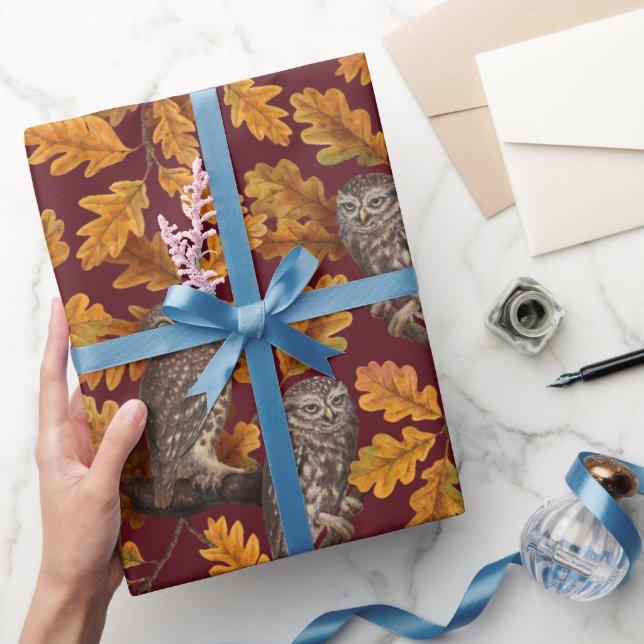 Autumn owls on dark red wrapping paper (Gifting)