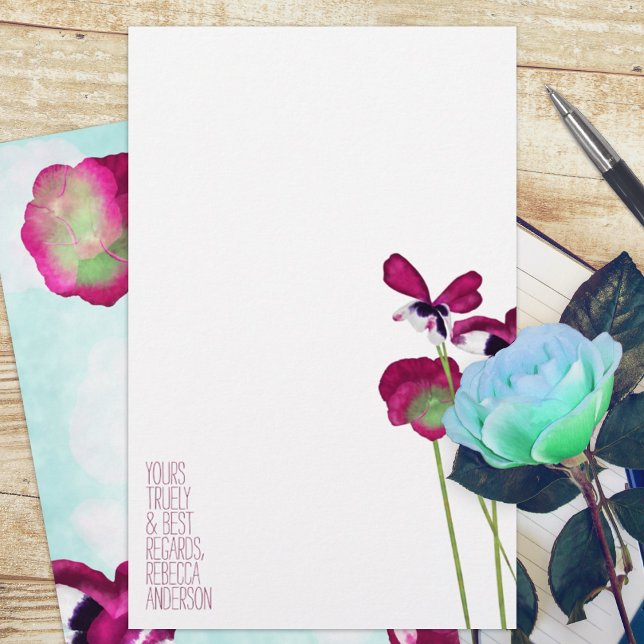 Autumn Pansies, Aqua, Pink, Violet Stationary (violet pink magenta pansy pansies floral budget personalized letter writing stationary paper sheets)