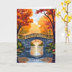 Autumn Park Bridge   Fall Foliage Watercolor Card