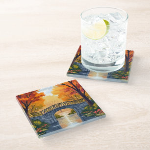 Autumn Park Bridge Fall Foliage Watercolor Glass Coaster