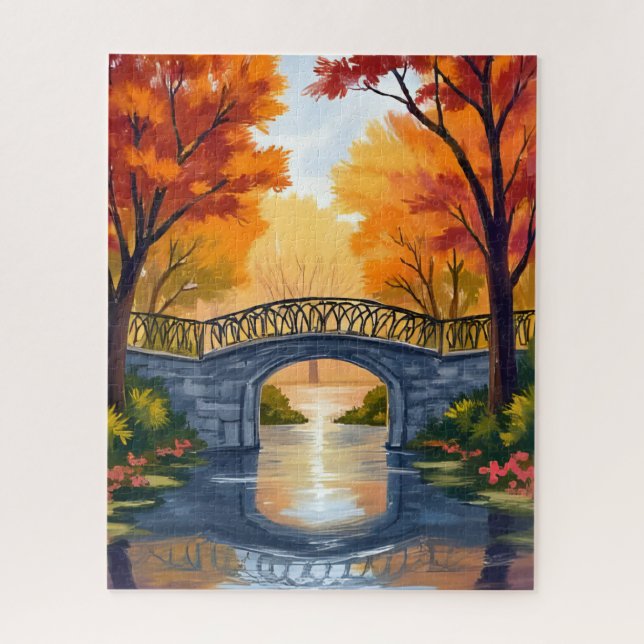 Autumn Park Bridge | Fall Foliage Watercolor Jigsaw Puzzle (Vertical)