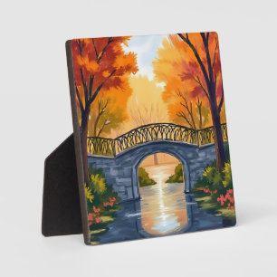 Autumn Park Bridge Fall Foliage Watercolor Plaque