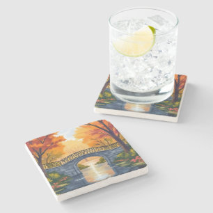 Autumn Park Bridge Fall Foliage Watercolor Stone Coaster