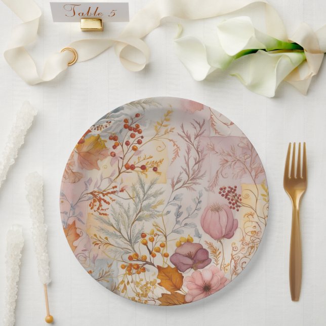 Autumn Pastel Floral Elegant Gold Pink Hues      Paper Plate (Wedding)
