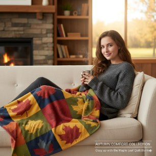 Autumn Patchwork Quilt Style with Maple Leaves Fleece Blanket