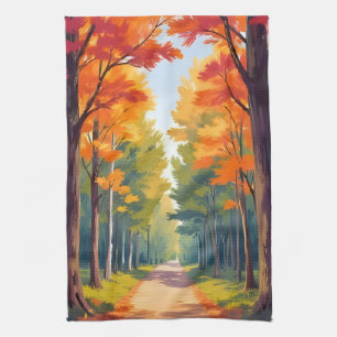 Autumn Path Fall Foliage Watercolor Landscape Tea Towel