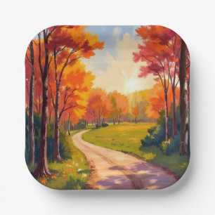 Autumn Path Red Foliage Nature Landscape Paper Plate