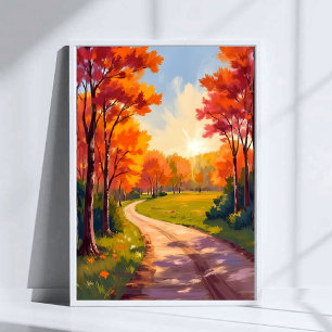Autumn Path   Red Foliage Nature Landscape Poster
