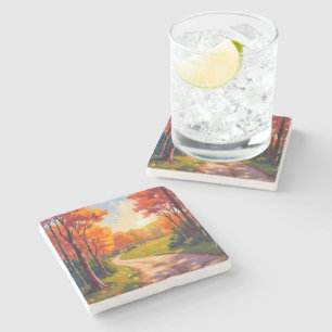 Autumn Path Red Foliage Nature Landscape Stone Coaster