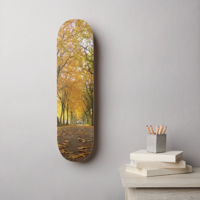 Autumn path with yellow trees and fallen leaves skateboard (Wall Art)