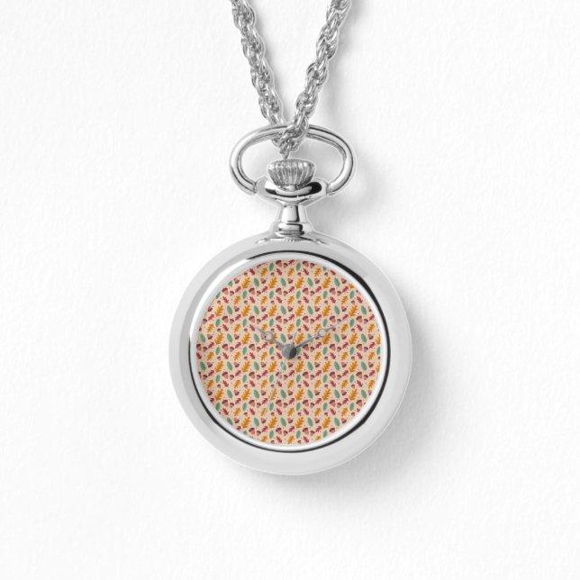 Autumn Pattern Leaf Silver Necklace Watch (Front)