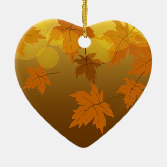Autumn pattern with falling maple leaves and bokeh ceramic ornament (Front)