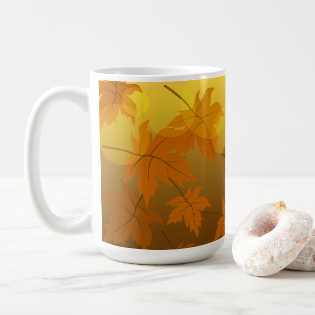 Autumn pattern with falling maple leaves and bokeh coffee mug (With Donut)