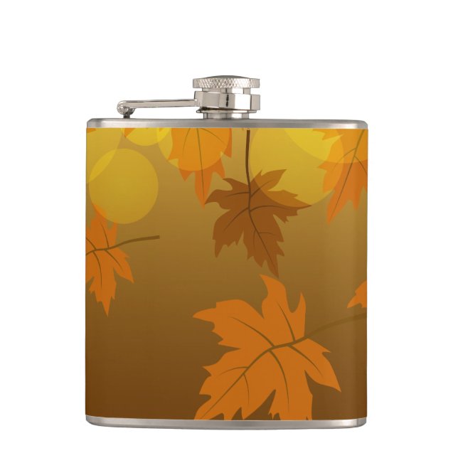 Autumn pattern with falling maple leaves and bokeh hip flask (Front)