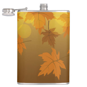 Autumn pattern with falling maple leaves and bokeh hip flask