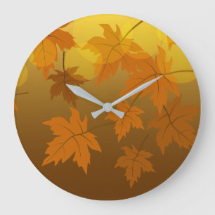 Autumn pattern with falling maple leaves and bokeh large clock