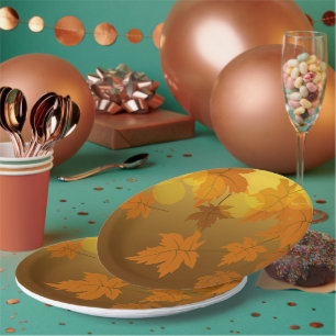 Autumn pattern with falling maple leaves and bokeh paper plate