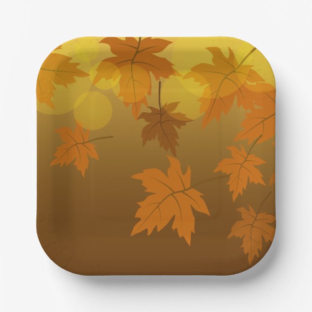 Autumn pattern with falling maple leaves and bokeh paper plate (Front)