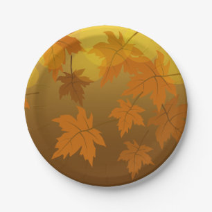 Autumn pattern with falling maple leaves and bokeh paper plate