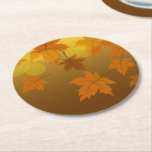 Autumn pattern with falling maple leaves and bokeh round paper coaster