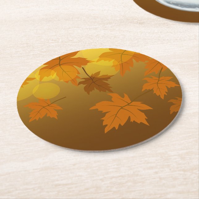 Autumn pattern with falling maple leaves and bokeh round paper coaster (Angled)